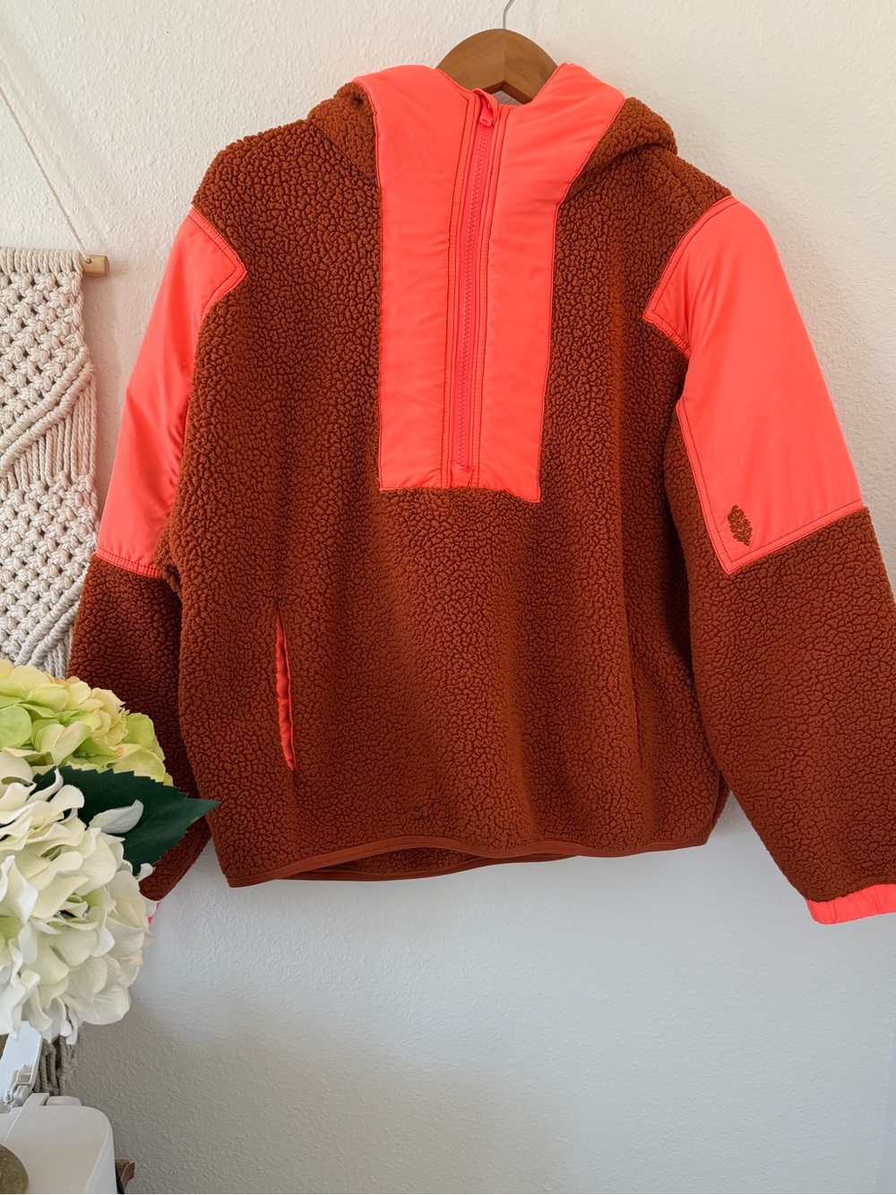 Free People Lead the Pack Coral Combo  Sherpa Pullover Hoodie Size XS